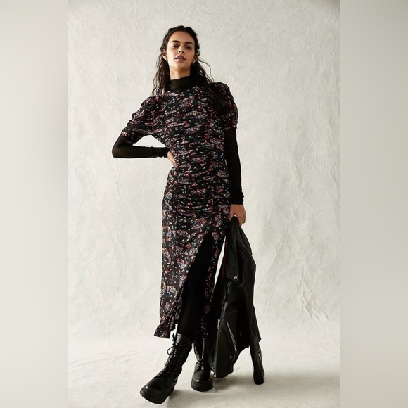 Free People Dress Womens XS Black Grunge Floral Ruched Midi - Picture 5 of 11